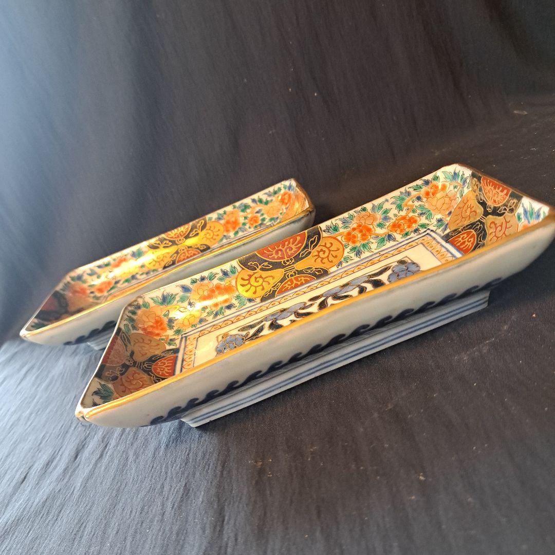 「金彩豪華！古伊万里長皿(全5客)」 色絵皿(21×12cm) 2客セット 骨