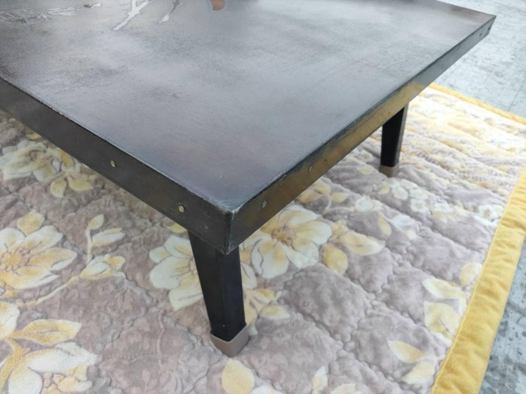 【時代物】竹林画☆彫刻板☆銅版張り☆折れ足 テーブル アンティークテーブル