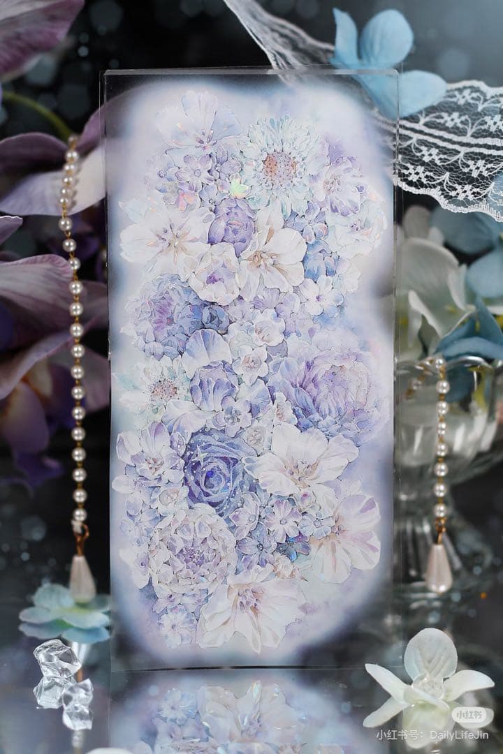 【9398】海外4/10m巻　貝殻光マスキングテープ　半透明　ブルー　お花背景系