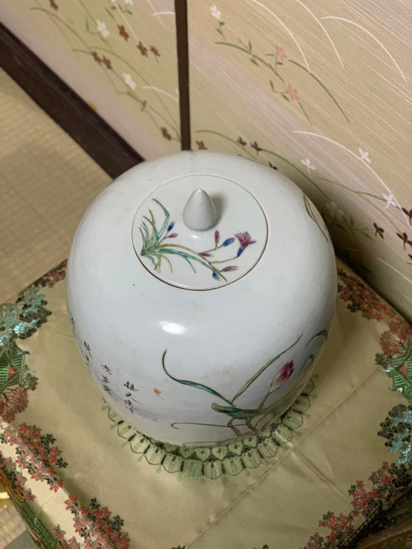 シノワズリ　ビンテージ　粉彩 漢詩花鳥紋飾り大壷　大花瓶　大甕　オリジナル蓋付き