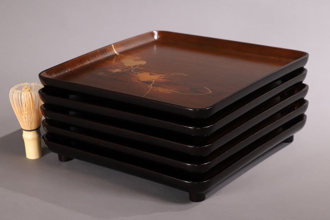 CL76 能登輪島塗 蔦金蒔絵 欅地 木地呂塗 足付四方膳 五客 木製漆器