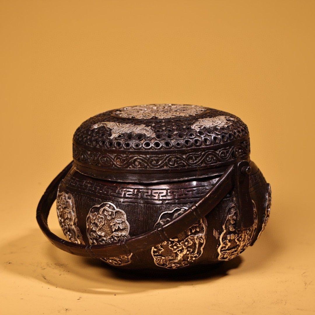 銅 細工 高浮彫鏨刻銀温手炉 香炉 提梁炉 香道具 装飾品 工芸品 置物