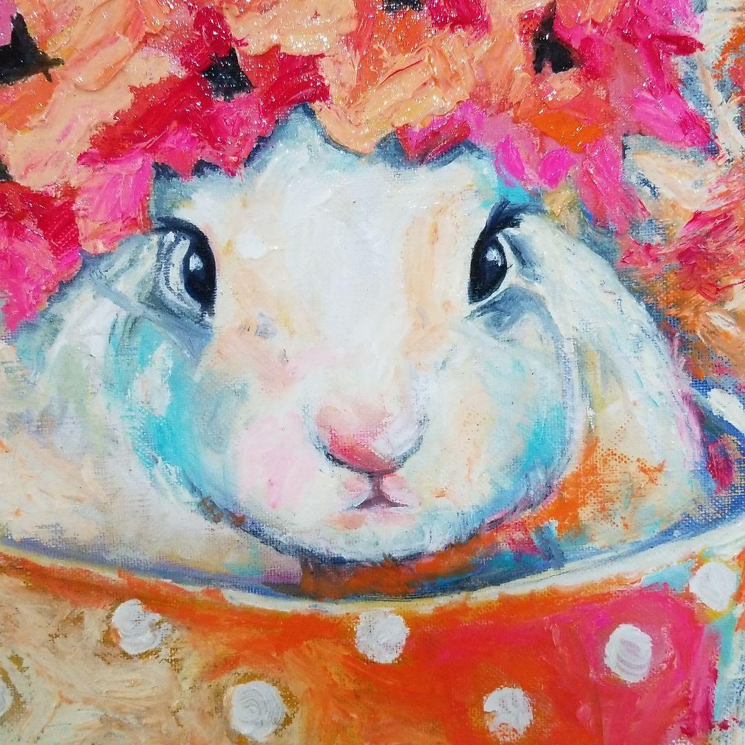 油絵　専用　素焼きのポットに入った花冠のうさぎ