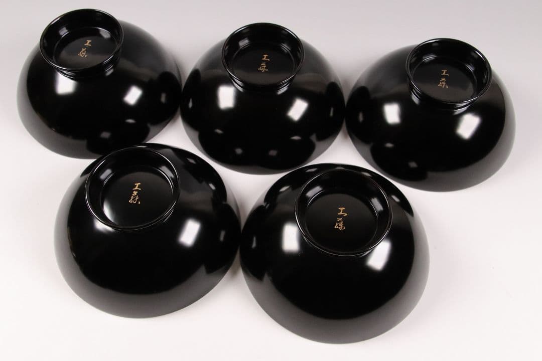 CK72 漆芸 木製漆器 輪島塗 柿蒔絵 黒塗御吸物椀 五客 / 秋 果物