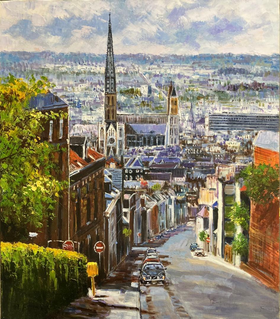 風景画 油彩画 ルーアンの坂道 藤原英信 肉筆 10号 F10 真作 直筆サイン