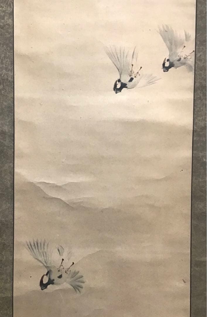 K茶道具　掛軸　「飛雀図」　錦水作　幕末ー明治　配送用桐箱　S191KJ