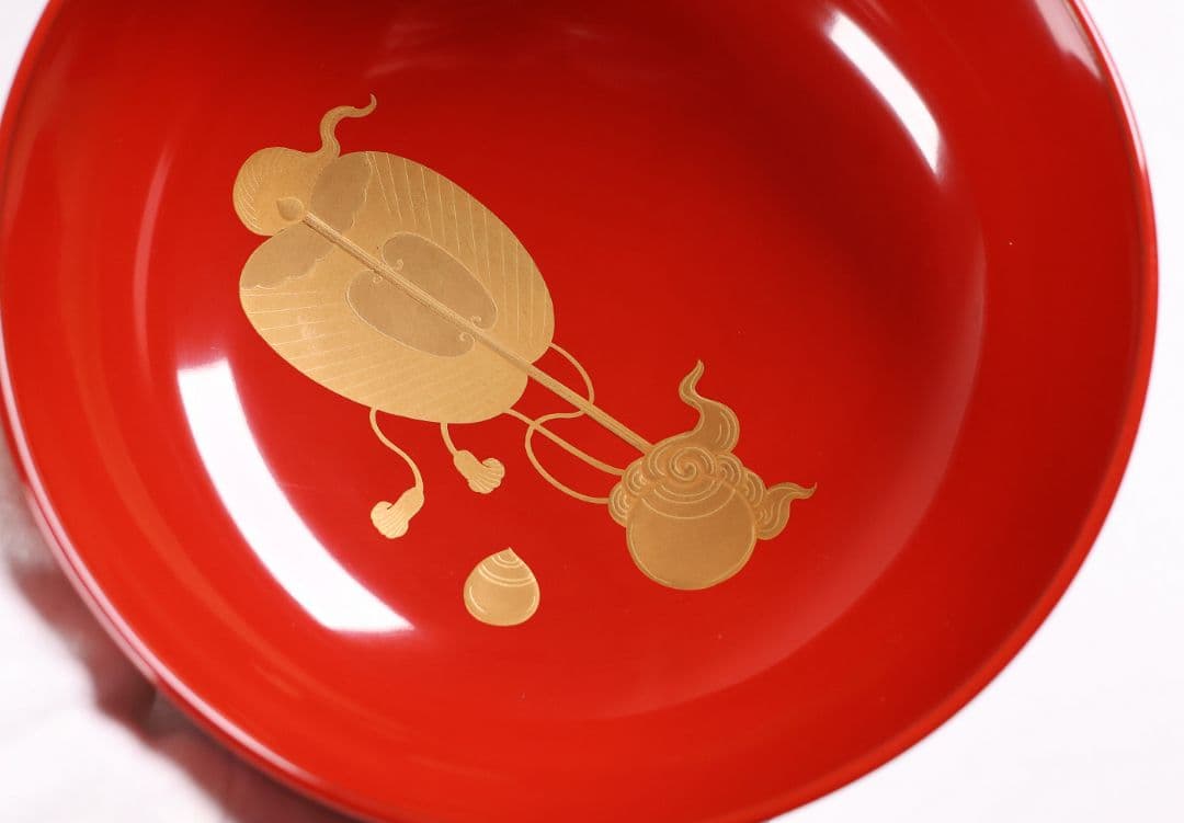 【CM360】輪島塗 宝尽くし金蒔絵 朱塗椀 二客 小槌 軍配 霊芝 木製漆器