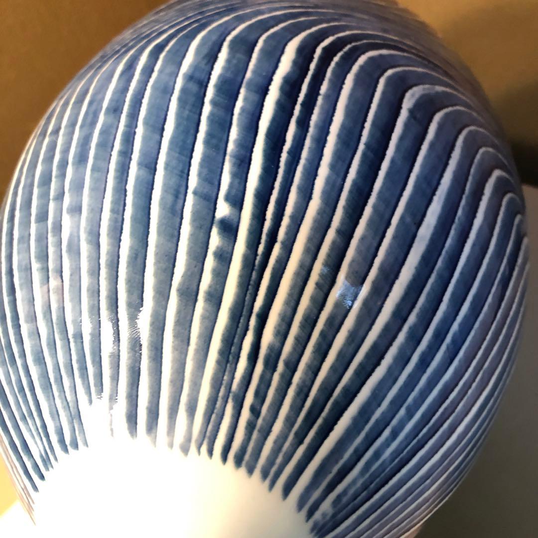 陶芸日展作家 藤井朱明作 染付志乃ぎ彫 花瓶 壺 大型 飾壺 共箱青白ストライプ
