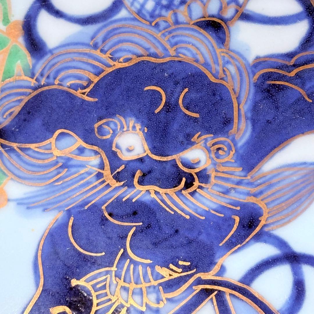 古伊万里　染錦唐獅子文皿　冨貴長春　共箱　名品　直径20.3㎝　人気の図柄