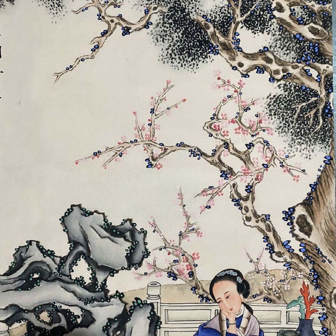 四尺 中堂 人物画 多子図 仇英風 宣紙 表装済み 防伪証明書付