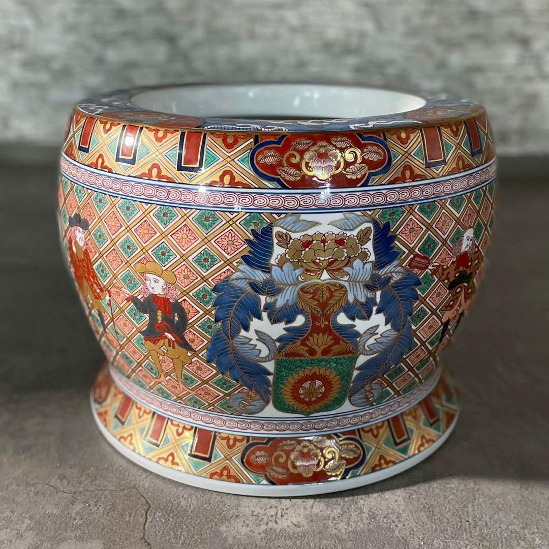 SNT257 極上品 有田焼 松右衛門 作 染錦金彩ラッタン人 南蛮船図火鉢