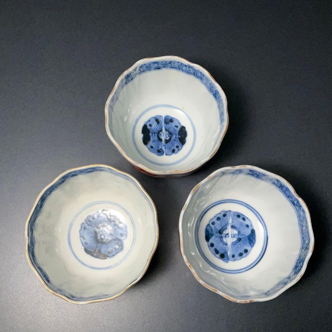 伊万里色絵窓絵花図向付3個　赤絵　通り文　古伊万里　R1373B2