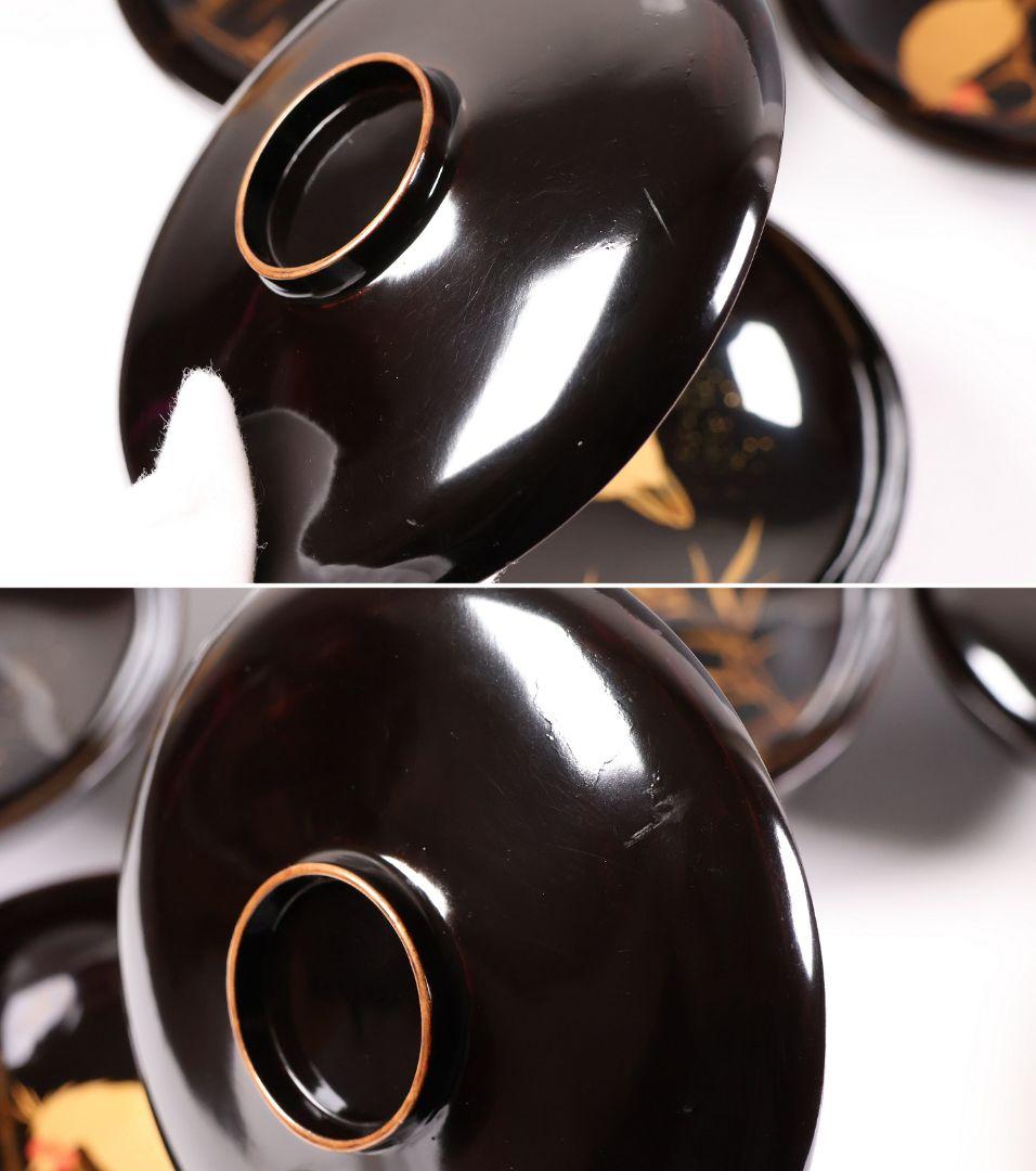 【CM354】時代蒔絵椀 竹に鶏金蒔絵 平椀五客 木製 /(検) 輪島塗加賀能登