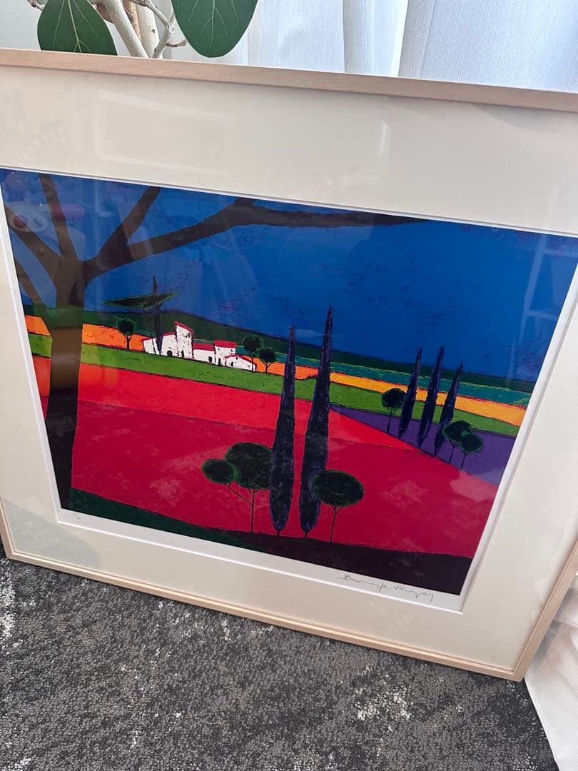 ロジェ・ボナフェ「村と大きな赤い木」シルクスクリーン/直筆サイン入り