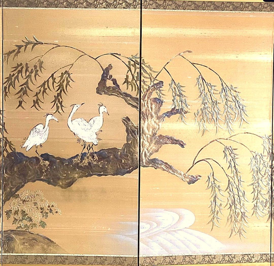 四つ折り屏風　日本画　金箔彩色　『柳に鷺』