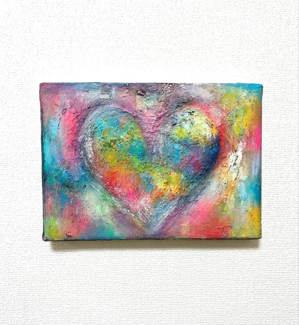 ハートの絵、油絵、原画、インテリア、油彩画、絵画、カラフル、現代アート