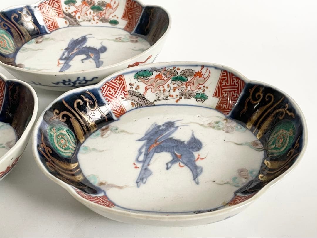 骨董　アンティーク　古伊万里　色絵　麒麟図　木瓜形　変形皿　向付　膾皿　3枚