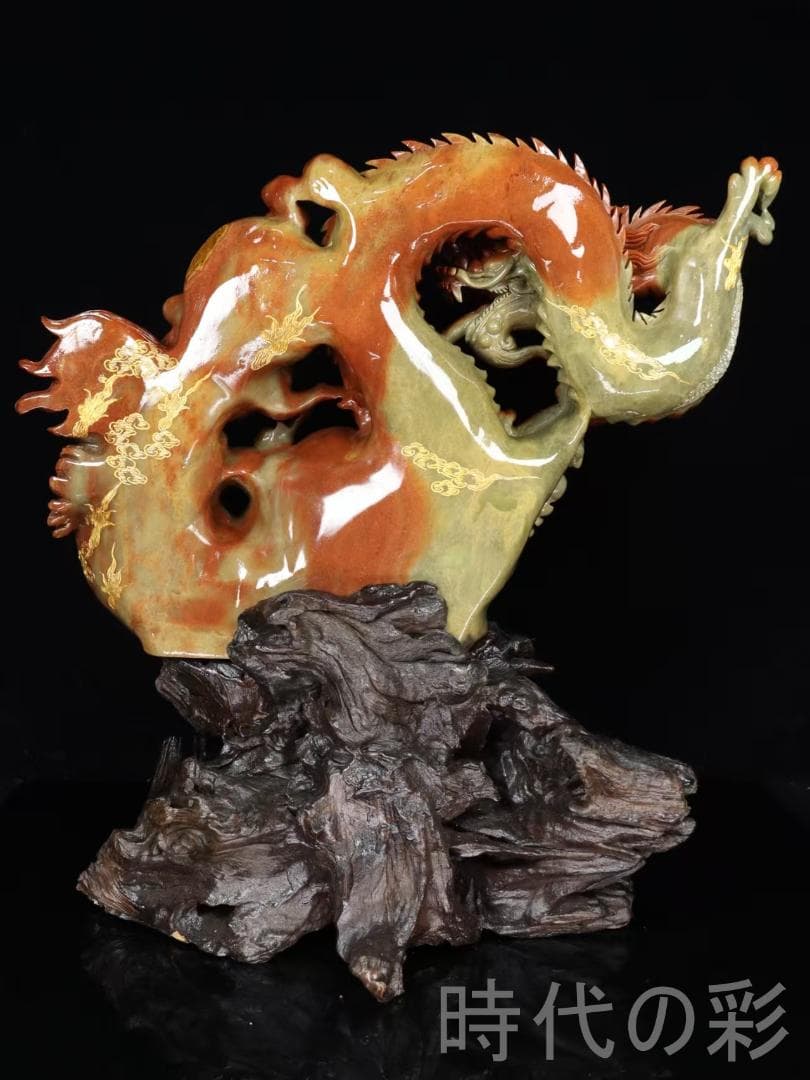 中国古美術 寿山石高山石 龍馬精神 巧色鏤空 重器 細密彫 手彫り 在銘 擺件