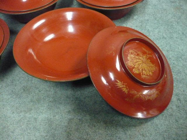 朱塗沈金菊図梅椀5個 [B31666]