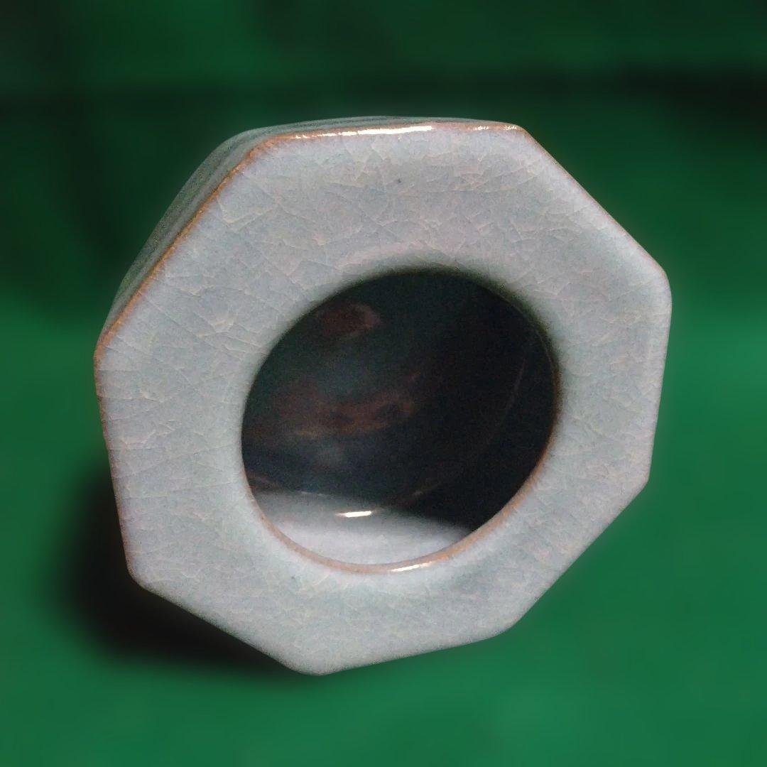 青い八角形陶器容器 木箱付き　木村盛伸　釣青釉面取　器