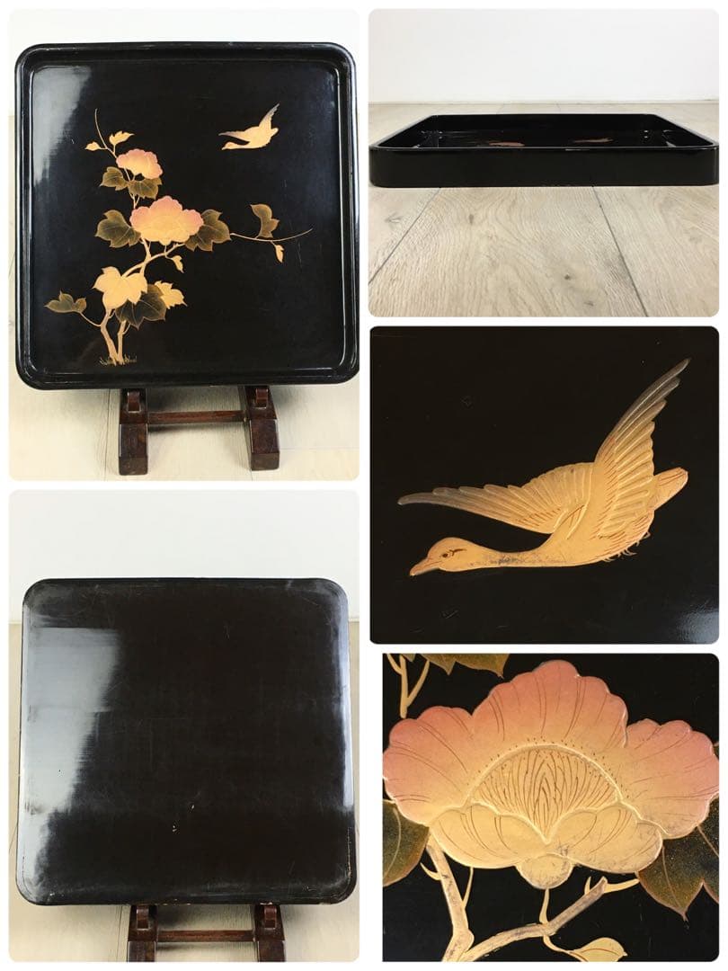 S372懐石膳 四方盆 花鳥蒔絵 5客揃 真塗木製 時代物