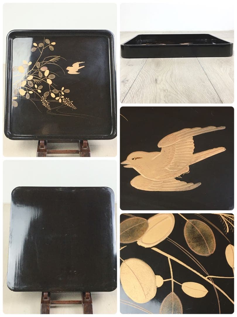 S372懐石膳 四方盆 花鳥蒔絵 5客揃 真塗木製 時代物