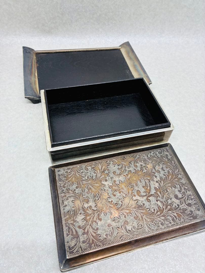 D0104）銀製品 銀縁唐木煙草盆一式 ボンボニエール シガレットケース 煙草盆