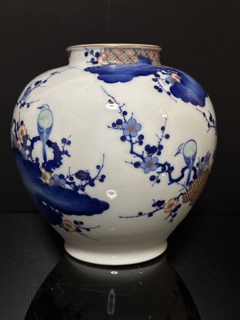 希少 オールド香蘭社 染錦 手描 華鳥七宝紋雲図 花瓶 花生 壷