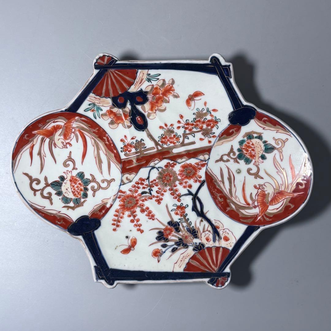 1800年代後期　古伊万里　色絵花蝶図変形中皿　五枚　柘榴に鳳凰　裏蝙蝠文　珍品