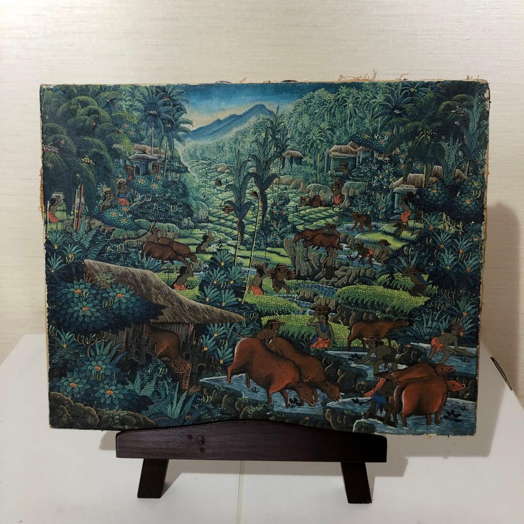 バリ島　油彩画　手描き　木製スタンド付き　一点物アート　アジアンインテリア