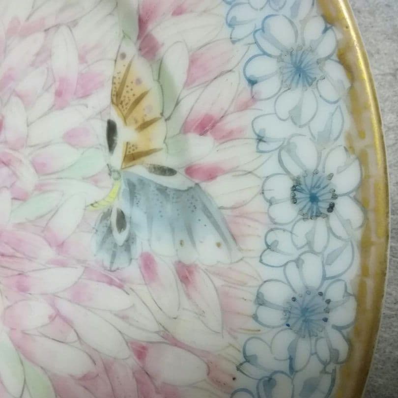 逸品　貴重里帰り名品　中島造　華蝶紋彩色鑑賞皿　横浜焼　オールドニッポン　和骨董