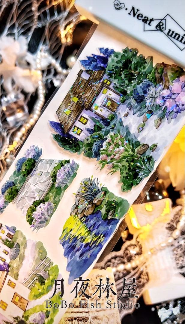 【9370】海外5m巻　貝殻光カッティングマスキングテープ夜景　小屋　装飾背景系