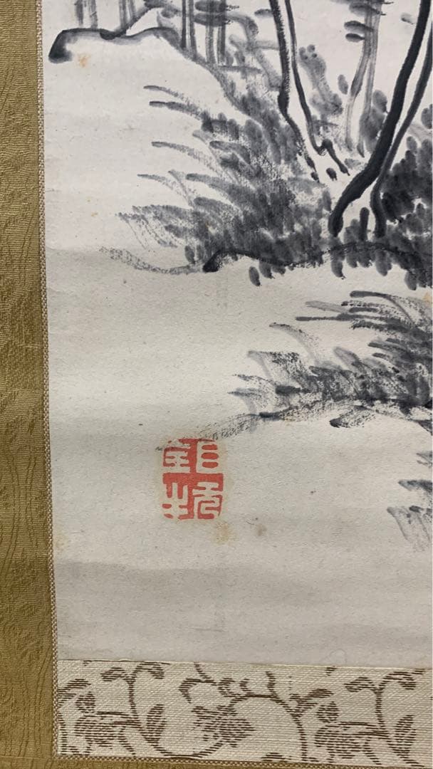 ②⑧ 中国？漢詩山水水墨画掛軸　署名捺印有り　作者不明