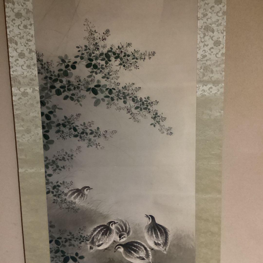 O-18 月と萩とうずら　掛軸　秋の風景