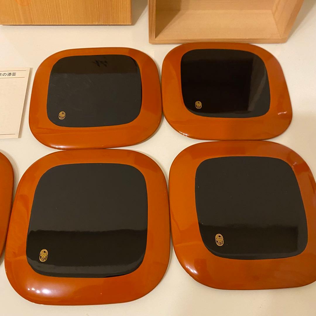 【茶器/茶道具　菓子器】平安　象彦　さび朱　松葉蒔絵　銘々盆　菓子皿　5枚セット