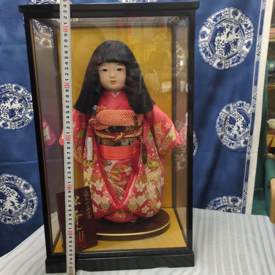 市松人形 赤色着物 ガラスケース入り