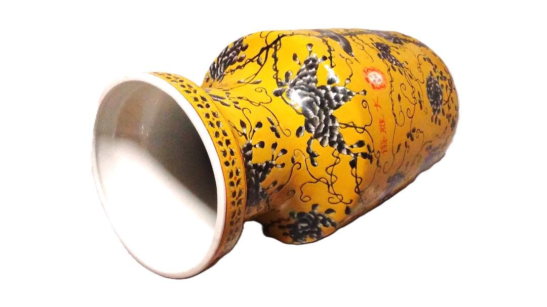 【 黄地粉彩墨彩大瓶 】花鳥紋　清光緒年　西太后居房　48.5ｃｍ