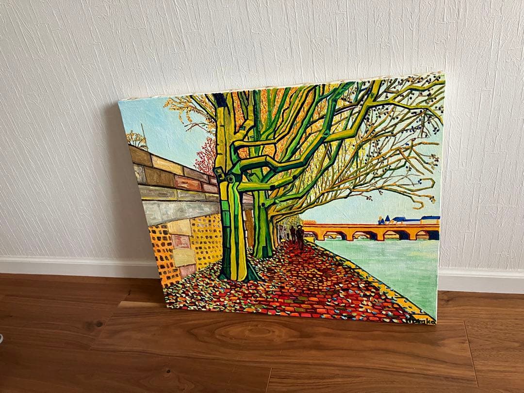 絵画　油絵　風景画　川沿いの並木道　F12