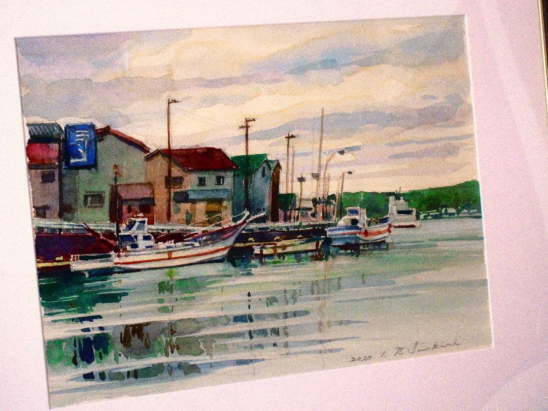 水彩画 港の風景 原画 F6サイズ額装済み