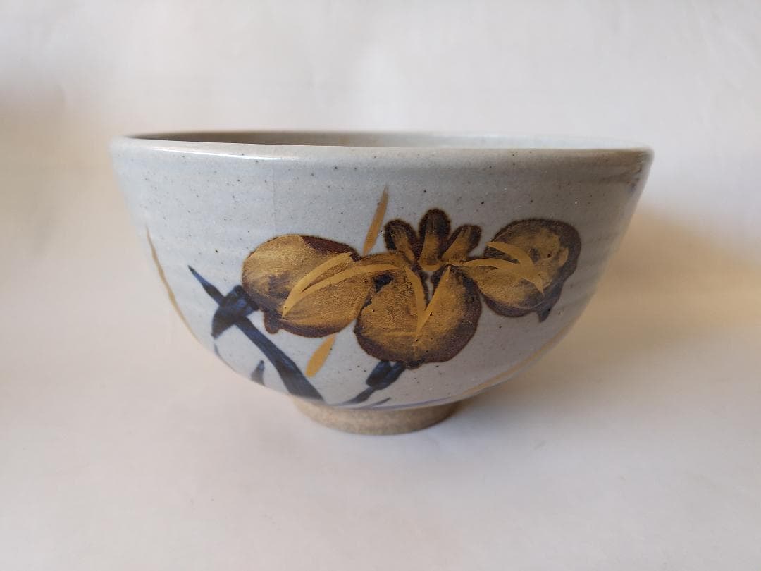 膳所焼 淡海ぜぜ 陽炎園 岩崎新定 金彩 菖蒲ノ絵 茶碗 共箱 共布 栞 美品