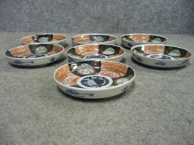 伊万里焼色絵丸文に鶴図4寸手塩皿 7枚 [B31602]