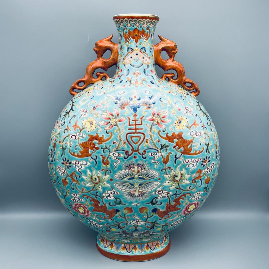 【清】陶磁器 神獣紋 大清乾隆年製 粉彩双耳花瓶 中国美術 41cm 古杉箱入