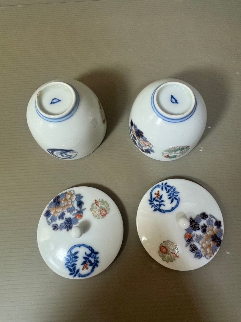 2394 深川製磁 染錦花丸文　湯呑蓋付　2客　時代物