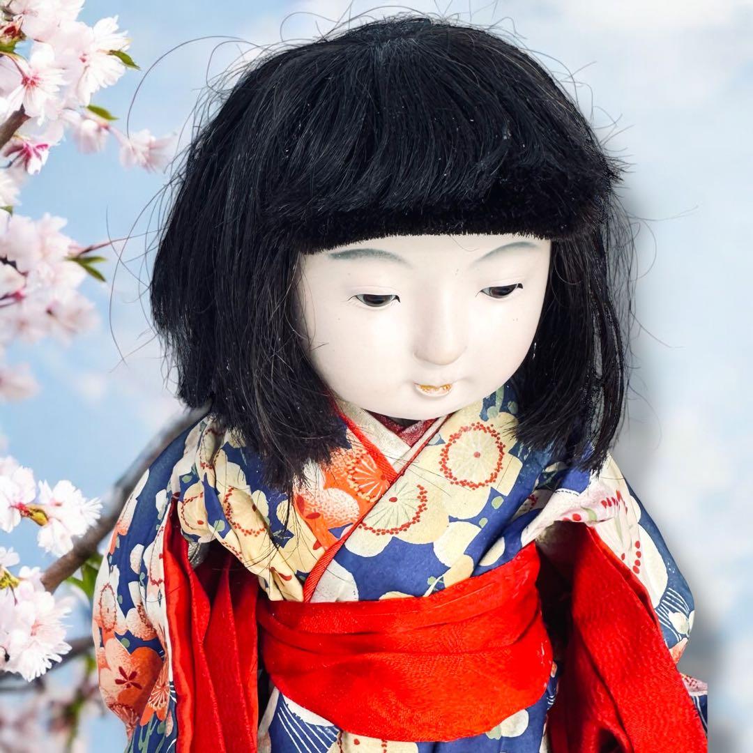 市松人形 明治期 1868年〜 三つ折れ ふいご 山桜 青縮緬着物 花柄 着物