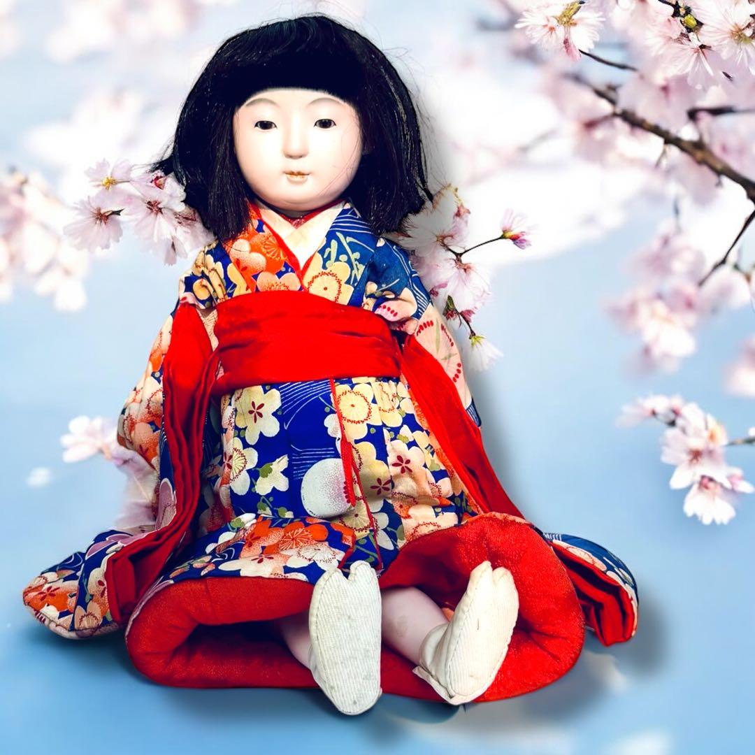 市松人形 明治期 1868年〜 三つ折れ ふいご 山桜 青縮緬着物 花柄 着物