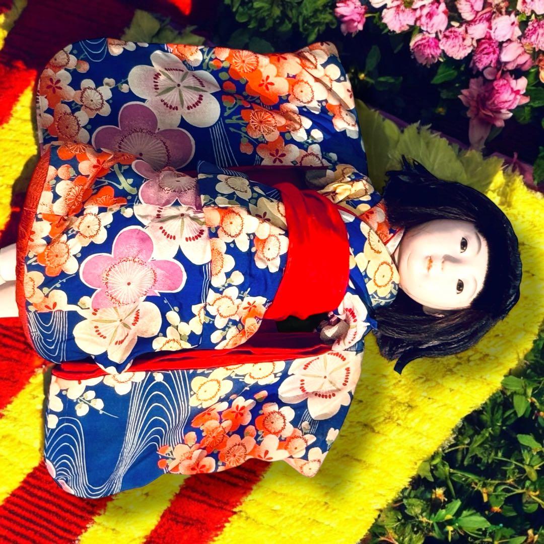 市松人形 明治期 1868年〜 三つ折れ ふいご 山桜 青縮緬着物 花柄 着物