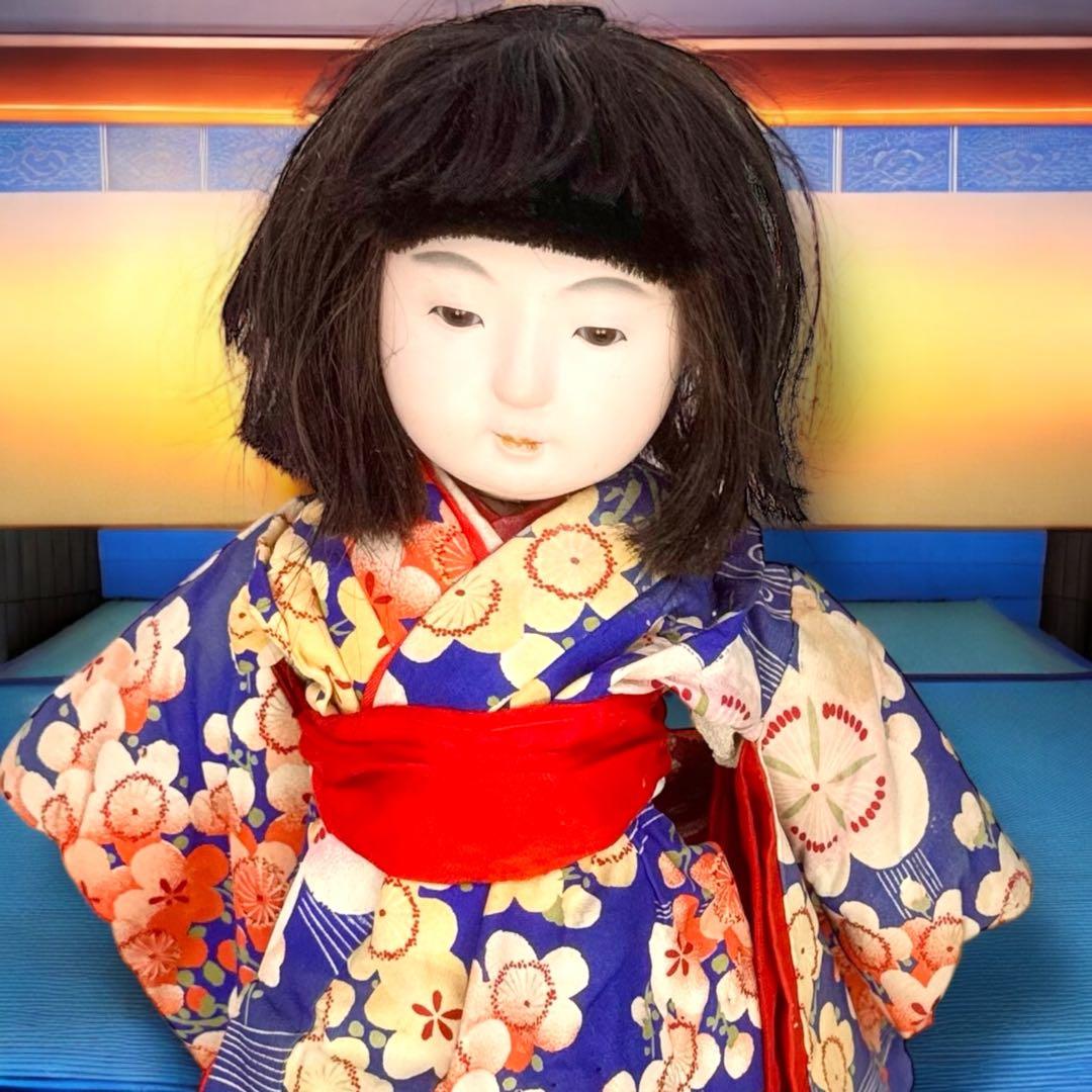 市松人形 明治期 1868年〜 三つ折れ ふいご 山桜 青縮緬着物 花柄 着物