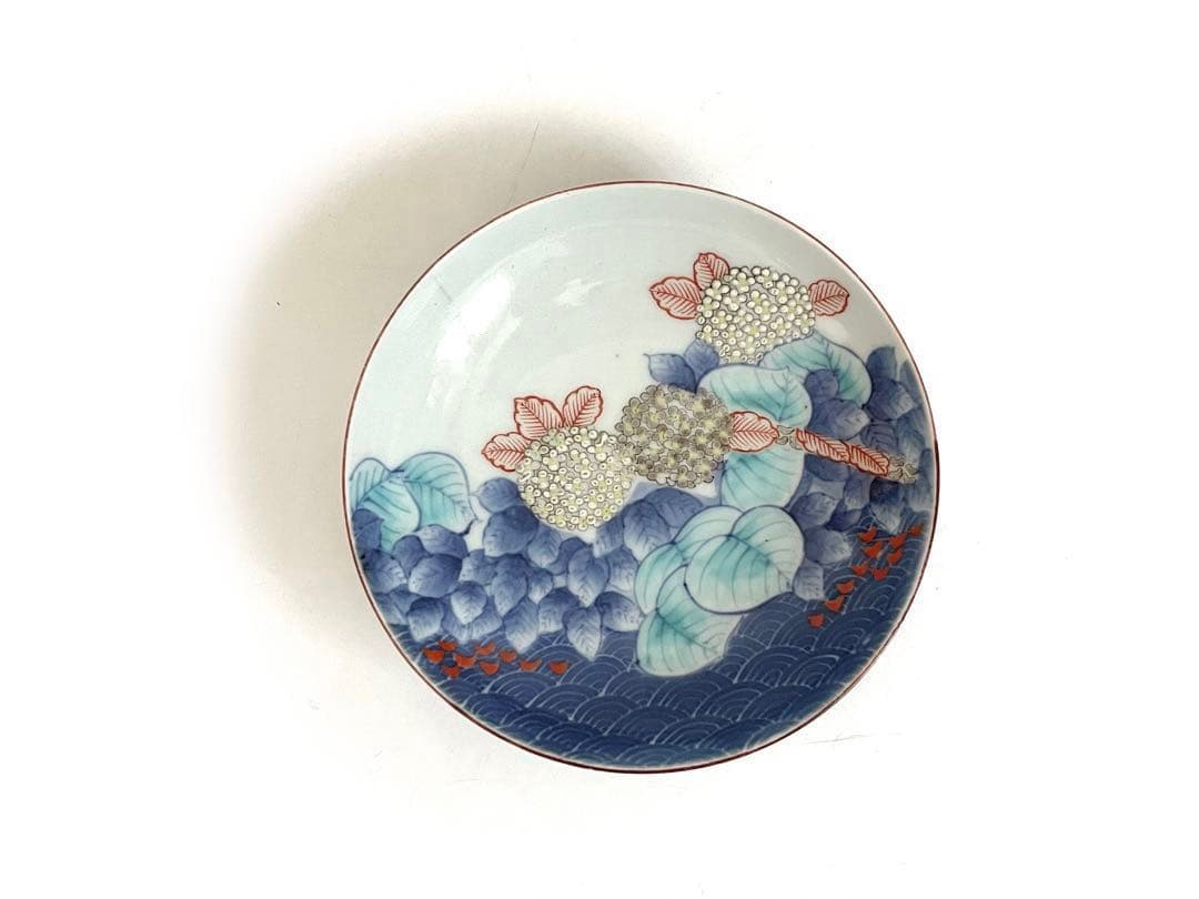骨董　アンティーク　色絵紫陽花図　五寸皿　色鍋島　平戸　古平戸　ニュウあり