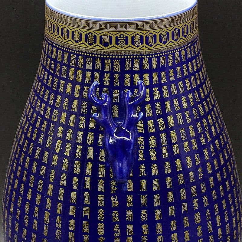 霽藍蒔金万寿鹿頭樽 景徳鎮 陶磁器 装飾品 現代工芸品 美術品 置物