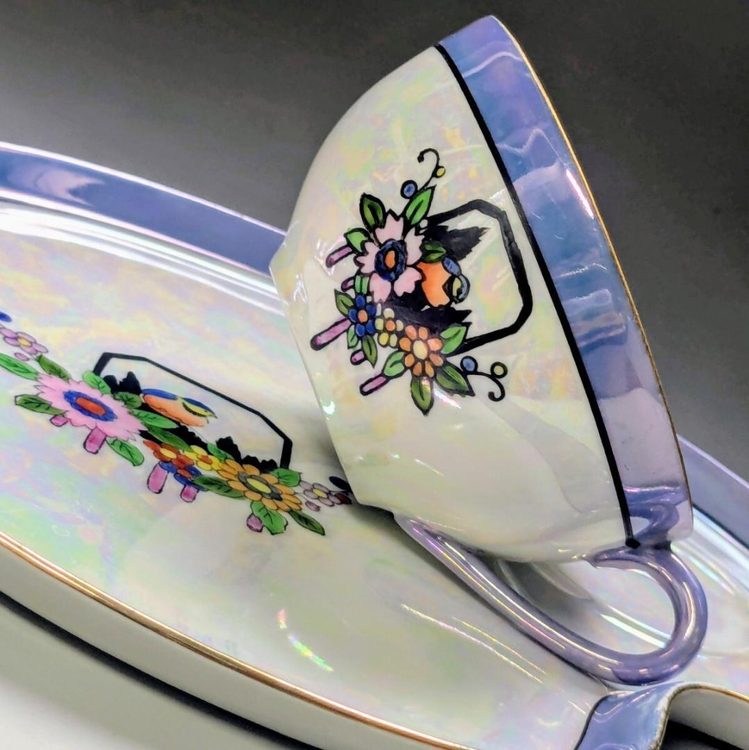 オールドノリタケ アールデコ期 虹ラスター彩 南国鳥と花絵柄の スナックセット